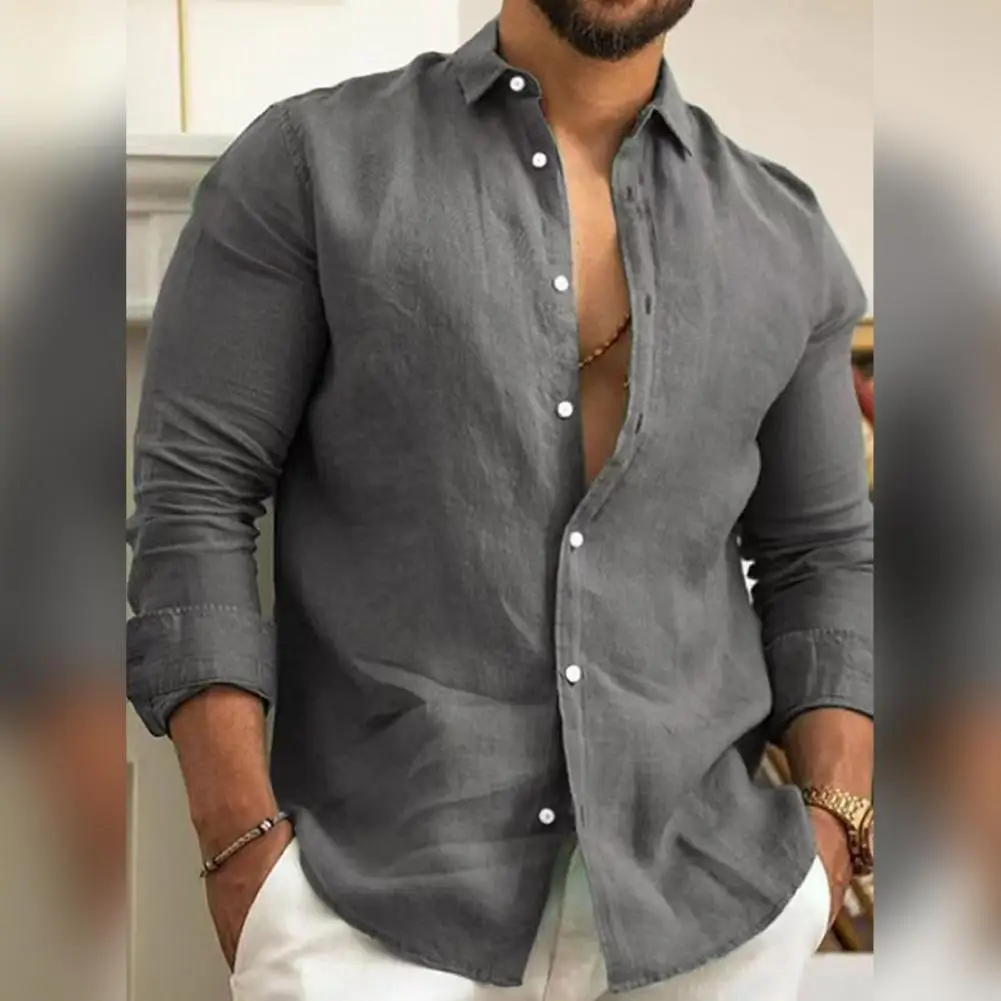 

Stylish Men Fall Shirt Lapel Single-breasted Long Sleeves Solid Color Cardigan Soft Casual Breathable Commute Male Top Clothing