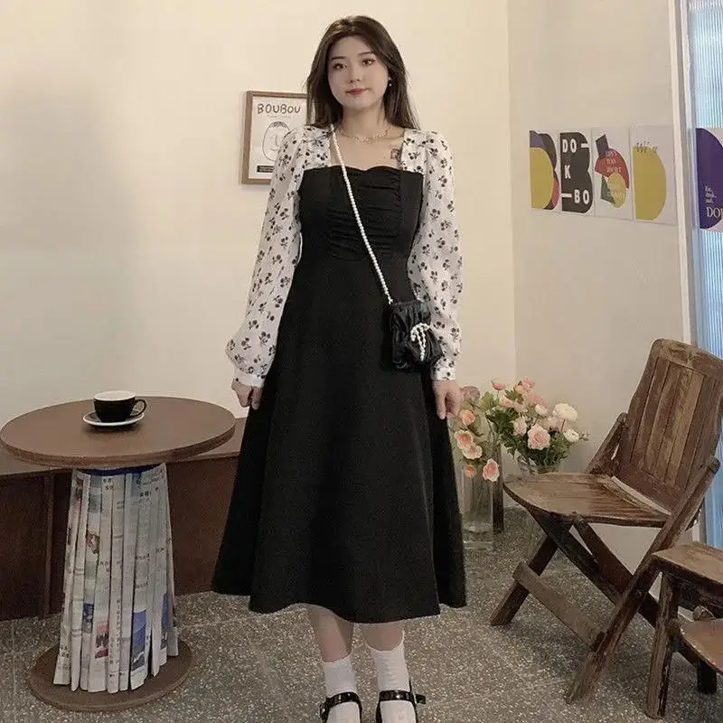 

Long Sleeve Women Square Collar High-Waist Patchwork Elegant Mid-calf Casual Fashion Autumn Female Ulzzang Streetwear Ins M339