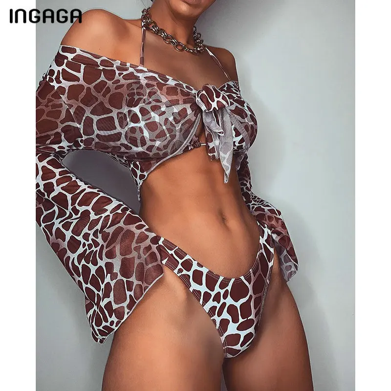 

INGAGA Sexy Leopard 3 Piece Bikini Off Shoulder Woman Swimsuit 2022 Halter Swimwear Long Sleeve Bathing Suit Bow Beach Cover Up