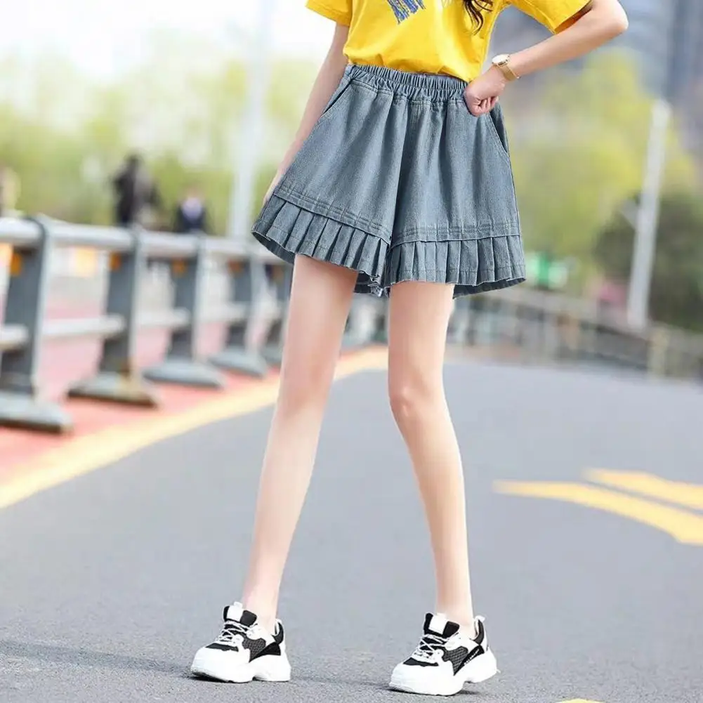 

Women Denim Shorts with Pockets Elastic Waist Wide Leg Wear Solid Color Summer High Waist Casual Straight Short Women Clothing