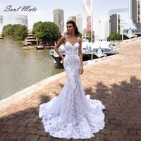 sexy spaghetti straps mermaid wedding dress for women sweetheart lace appliques bridal gown backless bridal dress robe de mari%c3%a9e