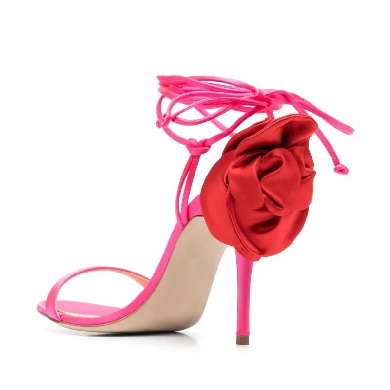 Back Rose Embellished Lace-up Ankle Strap Sandals Women Round Peep Toe Thin High Heels Dress Party Shoes Lady Slingback Shoes