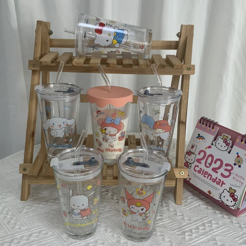 

450Ml Sanriod Glass Cup Kawaii My Melody Cute Kuromi Pipette Water Cup Hello Kittys Glass Breakfast Mug Drinkware with Lid Straw