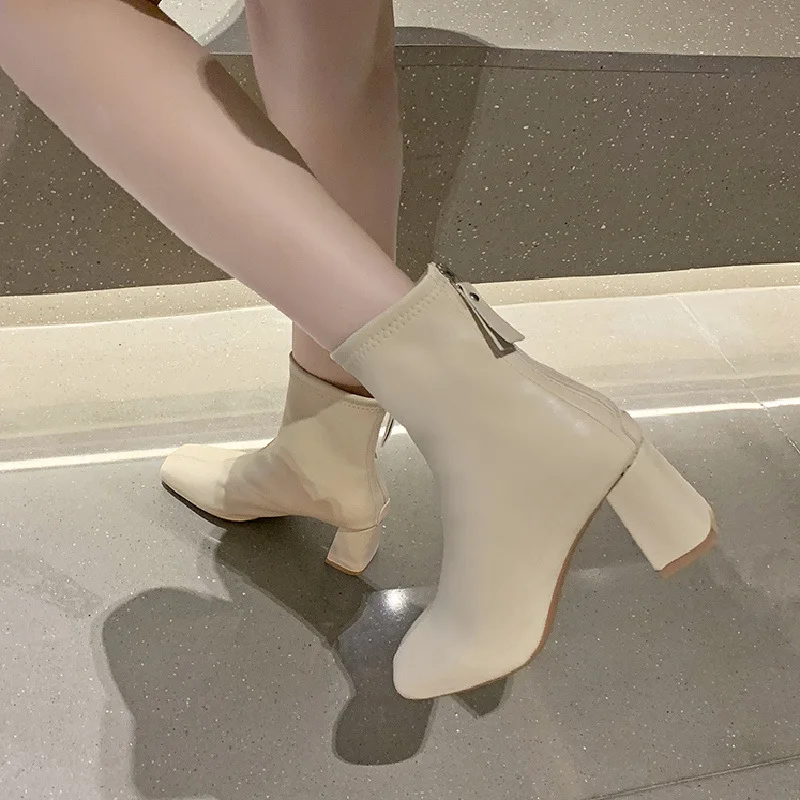 Winter Womens Heels Black Zipper Mid Calf Boots Pu Leather High Heel Ankle Boots Female Fashion Chelsea Boots Zapatos De Mujer