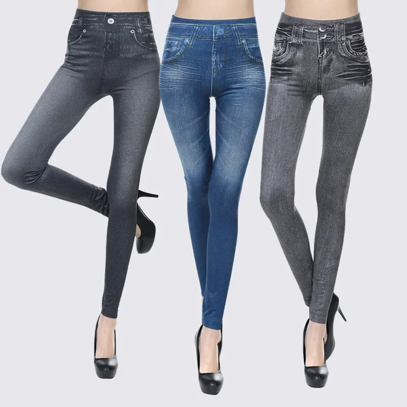 

NEW 2023 Women Leggings Faux Denim Jeans Leggings Sexy Pocket Printing Fashion Fitness Leggings Casual High Waist Pencil Pants