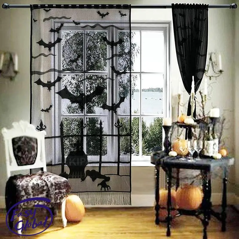 

Creative Halloween Black Lace Mesh Decorations Tablecloth Window Door Curtain Lamp Shade For Halloween Gifts Party Home Supplies