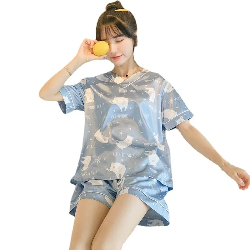 

Ice Silk Pajamas Women's Short-sleeved V-neck Thin Section Silk Cartoon Home Service Women's Outer Wear Suit Sexy Nightwear