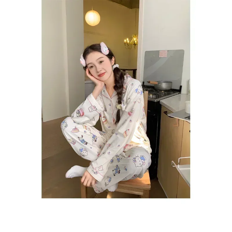 Sanrio Hello Kitty шелковые пижамы женские осенние брюки из чистого хлопка с длинными