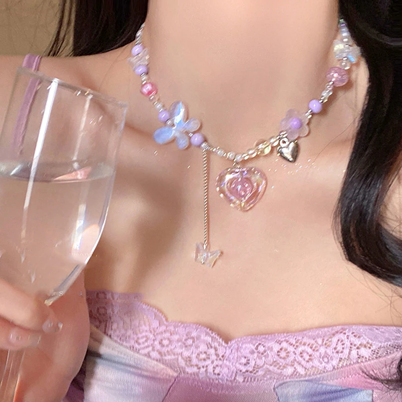 Y2K кулон в форме сердца и бабочки колье ожерелье красочная цепочка на ключицу из