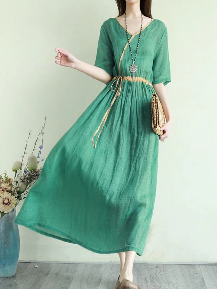 

2023 Summer Dress Women Fashion Elegant Solid Color Vintage Dress Stitching Oversize Loose Lacing V-Neck Short Sleeve Long Dress