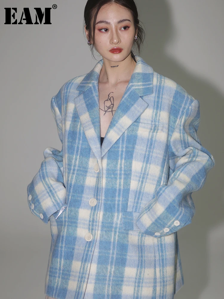 

[EAM] Loose Fit Blue Plaid Big Size Elegant Woolen Coat Parkas New Long Sleeve Women Fashion Tide Autumn Winter 2023 1DF3012