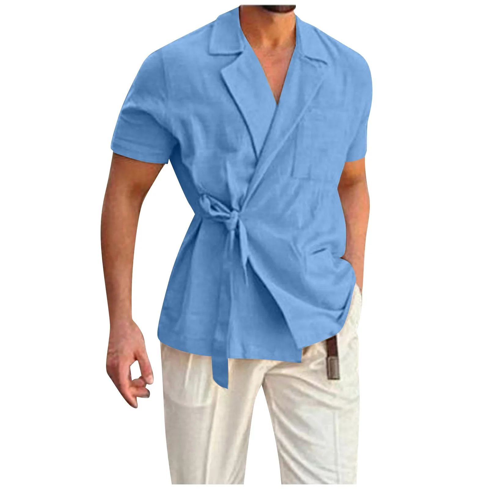 

Summer Men's Shirts Solid Color Lapel Shirt Short Sleeved Tops Fashion Tie Up Blouse Loose Casual Men Clothing