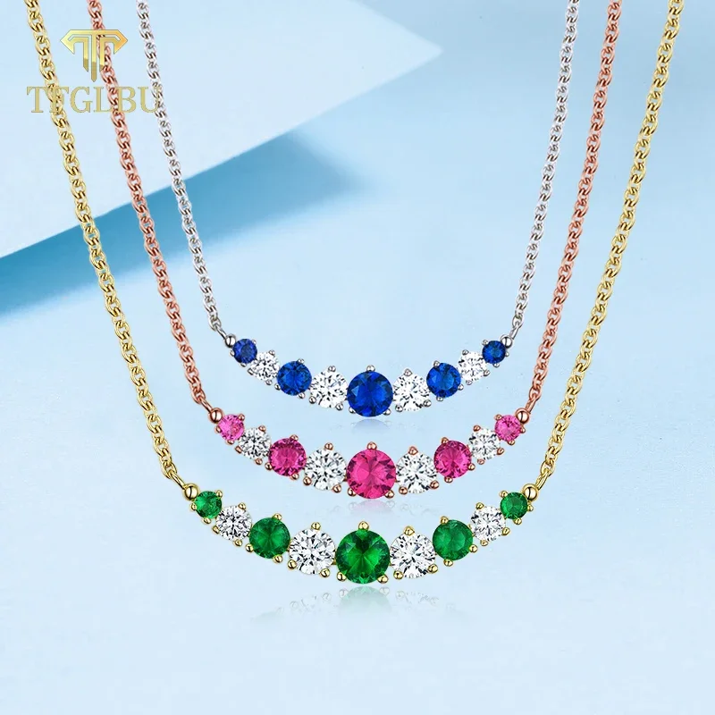 

TFGLBU New Colorful Zircon Smile Necklace for Women Sparkling Gem Solid 925 Silver Pendant Clavicular Chain Original Jewelry
