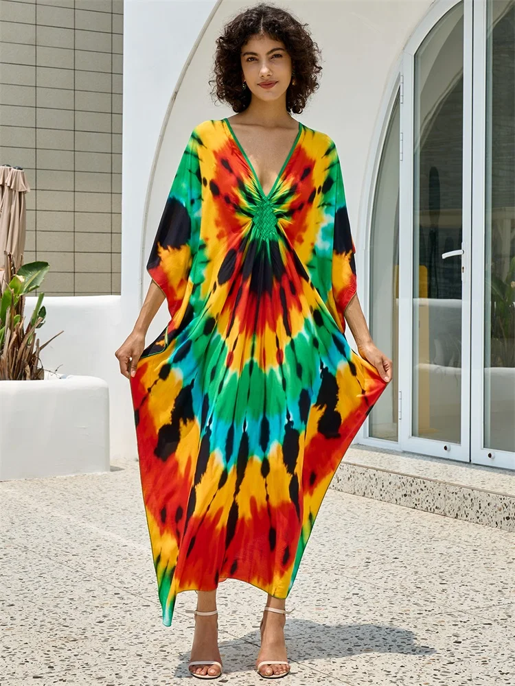Женское Пляжное Платье В Стиле Бохо 2024 Свободный Кафтан Без Рукавов С V-образным