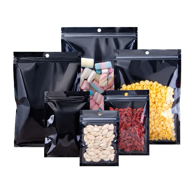 

Translucent Glossy Black Mylar Flat Pouches Smell Proof Clear Front Gift Food Storage Zip Lock Plastic Bags with Hang Hole