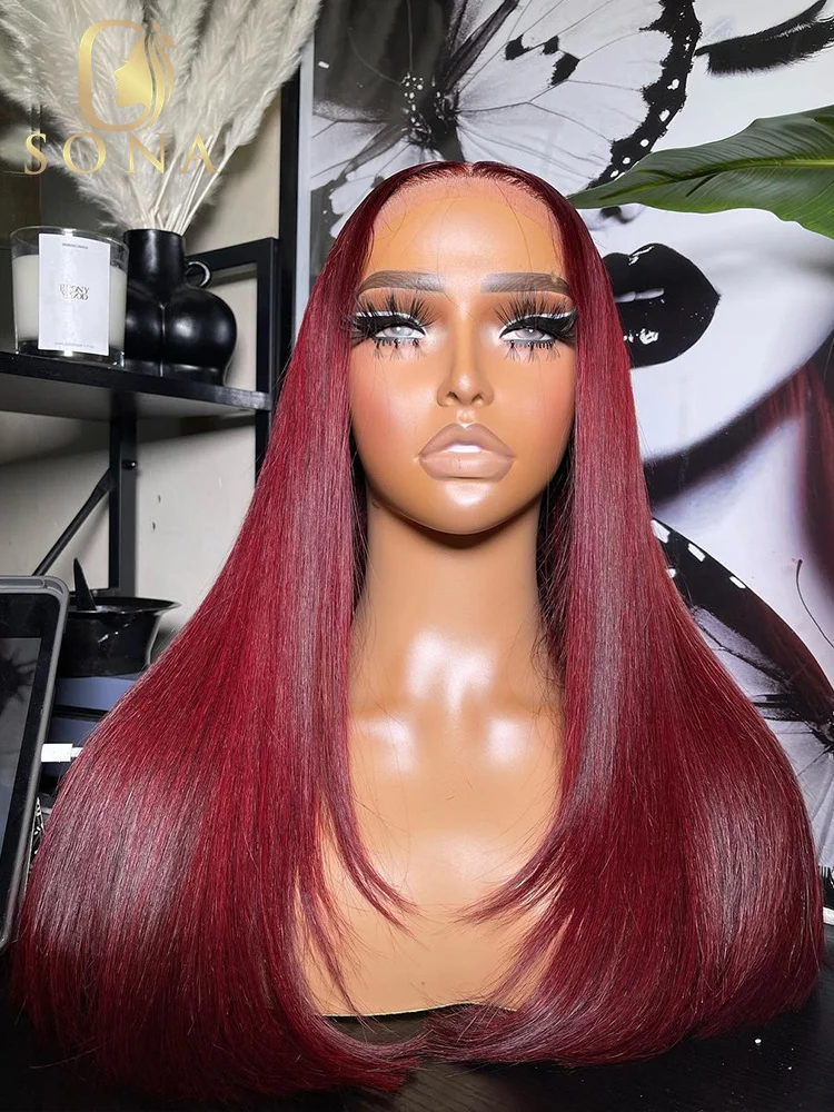 32 34inch 13x4 Red Lace Front Wigs Pre Plucked 99J Burgundy 13x6 HD Transparent Lace Frontal Human Hair Wig 180 Density