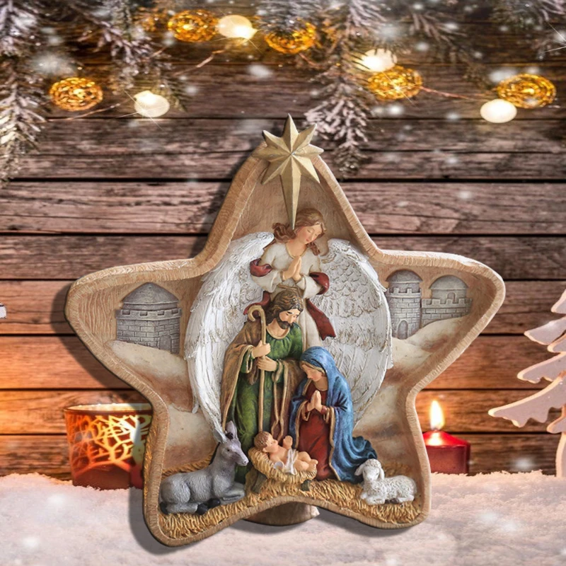 

Nativity Scene Nativity Statue Ornament Church Christmas Gift Jesus Manger Christmas Home Decor Five Pointed Star Resin Relief