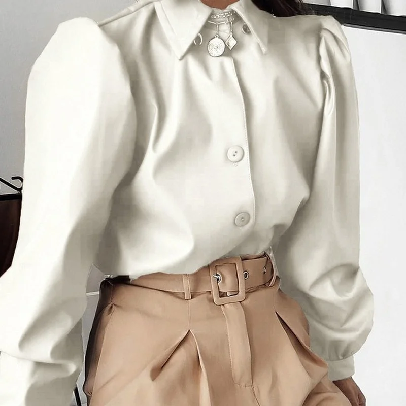 

Long Puff Sleeves Vintage Casual T-shirts 2 Color Women Faux Leather Tops Ladies Spring Autumn Fashion Elegant Solid Tshirts S-L