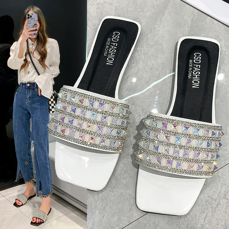 

Shoes Glitter Slides Slippers Women Summer Fashion Pantofle Square Toe Low Big Size Jelly Luxury 2022 Flat PU Fabric Hoof Heels