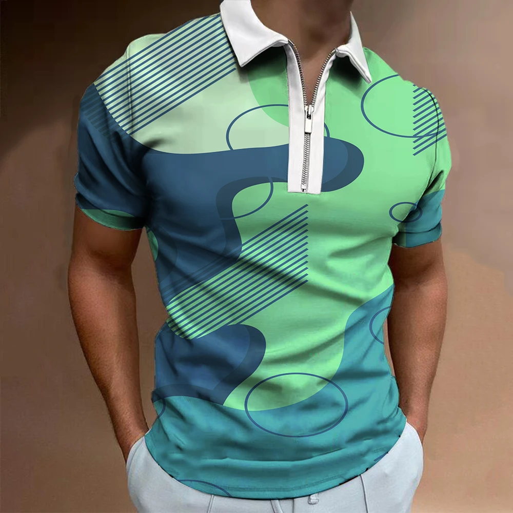 

New Summer High Quality Men Polo Shirts High Street Print Casual Short Sleeve Mens Shirts Turn-Down Collar Zipper Polo Shirt Men