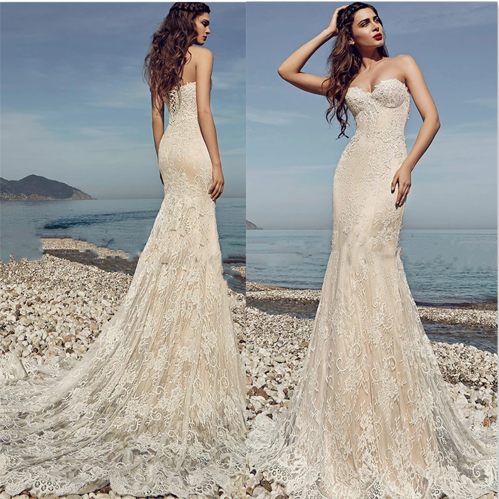 

2022 Aviana Spring New Lace Appliqué Mermaid Wedding Dress Charming Strapless Backless Court Train Bridal Bown Robe De Mariée