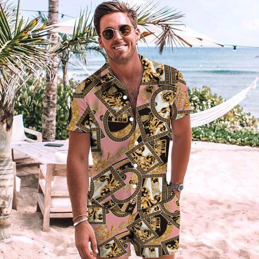 2022 Fashion Hawaiian Print Short Sleeve Shirt Men's Beach Coconut New Style Men's Daily Shirt Sets S-3XL