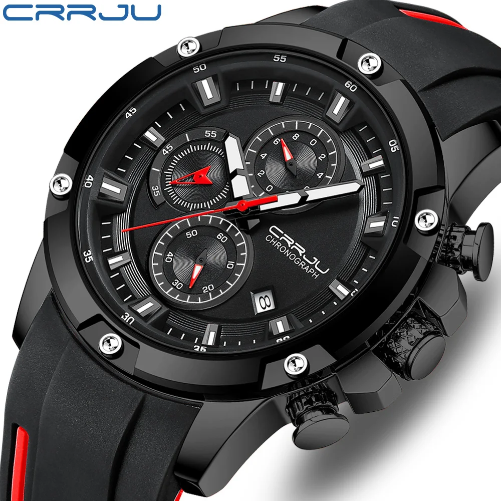 

Часы CRRJU Мужские кварцевые с хронографом, роскошные модные водонепроницаемые в стиле милитари, с кожаным ремешком, с датой