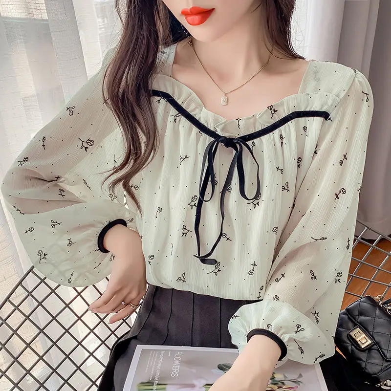 

Sandro Rivers New Gentle Style Lace-Up Square Neck Floral Chiffon Shirt T-Shirt Temperament Loose Elegant Bow Top Woman