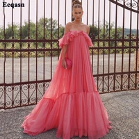 eeqasn watermelon red tulle prom party dresses 2022 high waist off the shoulder formal evening party dress tiered wedding gowns