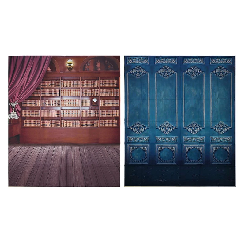 

2 Pcs Photography Backdrops Studio Background 5X7ft, Vintage Library Books Wooden Floor & Retro Blue European Style