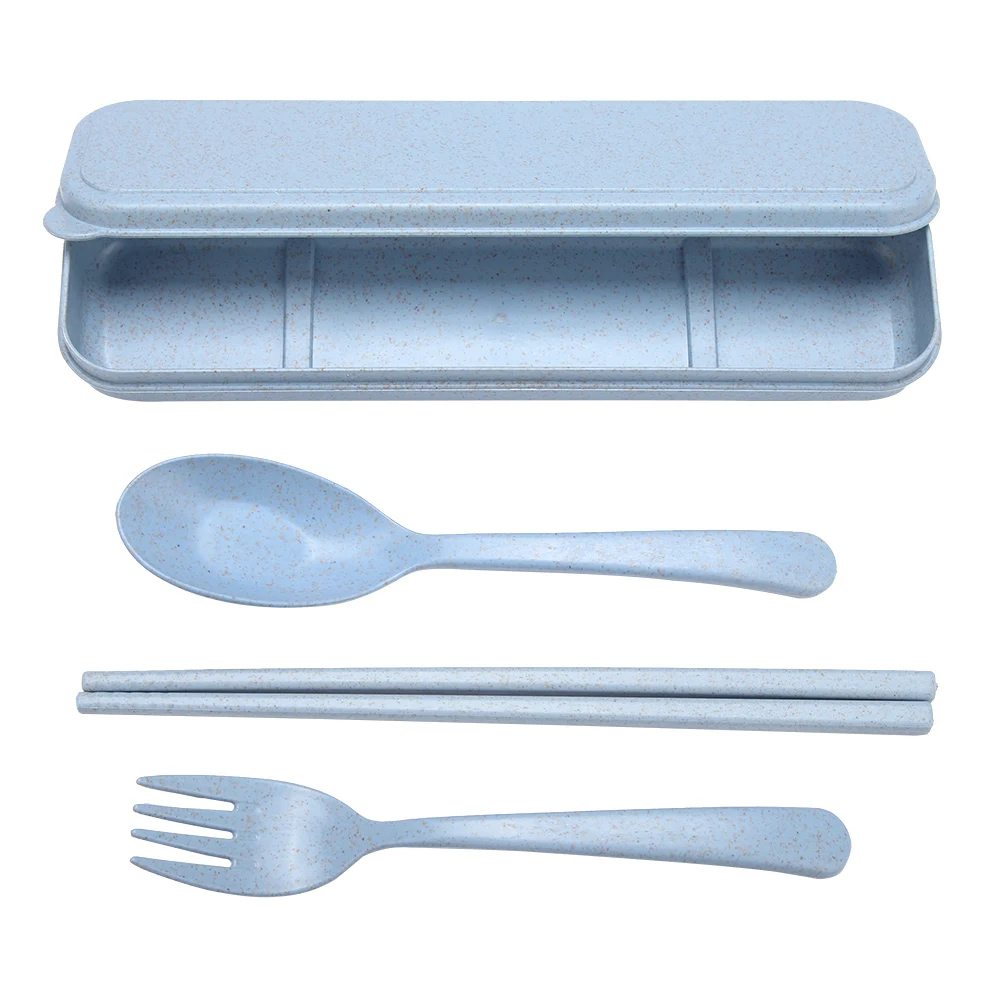 

3 PCS Portable Wheat Straw Flatware Spoon Chopsticks Fork with Travel Case Blue