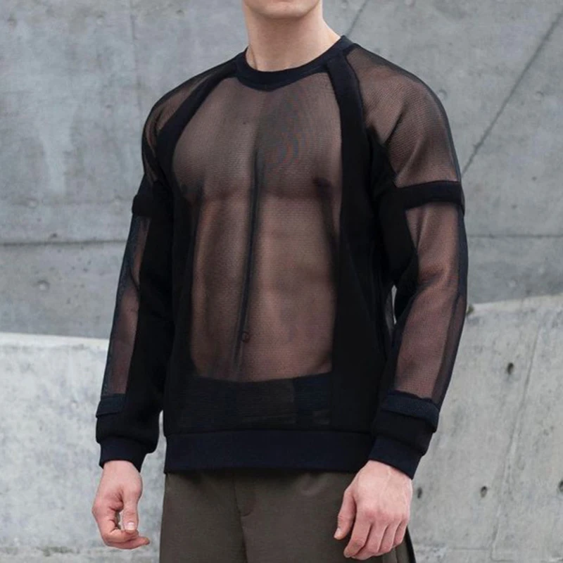

Men Casual Solid Embroidery Tops For Mens Autumn Long Sleeve Patchwork Man O Neck Shirt Pullover Sexy See Through Mesh Shirts