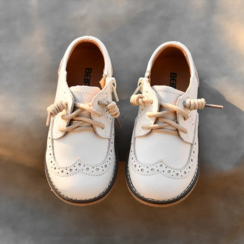 

Spring Autumn New Children's Genuine Leather Casual Shoes Retro British Solid Color Kids Flats Shoes Beige Black Color