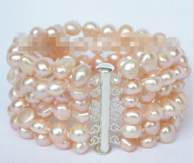 

Hot sell Noble- 8" 6row 7mm baroque pink pearls bracelet bangle magnet clasp @^Noble style Natural Fine jewe SHIPPING new