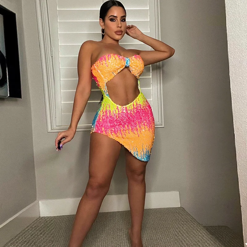 

WUHE Colorful Sequins Cutout Waist Irregular Strapless Sleeveless Bodycon Women Dress 2022 Sexy Party Club Sundress