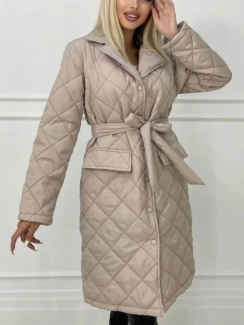 Winter Fashion Single Breasted Black Long Argyle Parkas with Belt 2022 Women's Cotton Padded Coats Ladies Elegant Warm Outerwear
