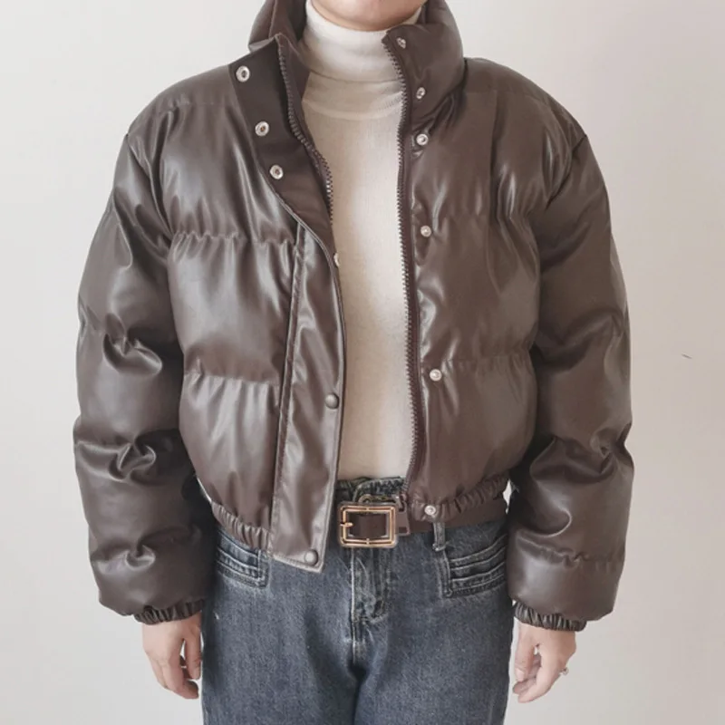 2022 Autumn Winter Leather Cotton Clothes St Collar Leather Coat Women's Warm  Mini Short Abrigos Jackets  Thick （Winter)