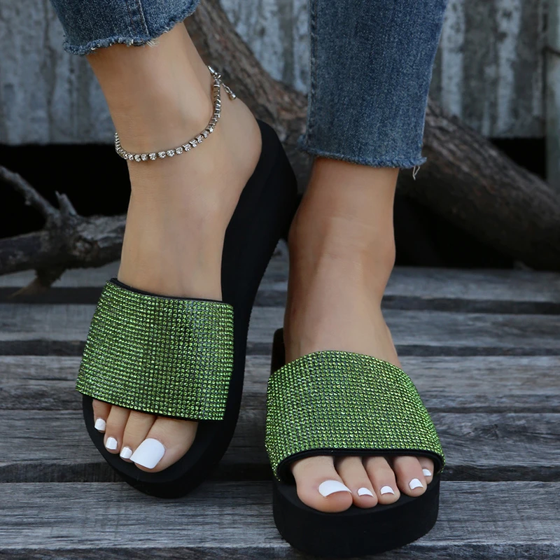 

Women Crystal High Heel Platform Ladies Bling Fashion Outdoor Silk Shoes Female Footwear Women Summer Slides Beach Slippers