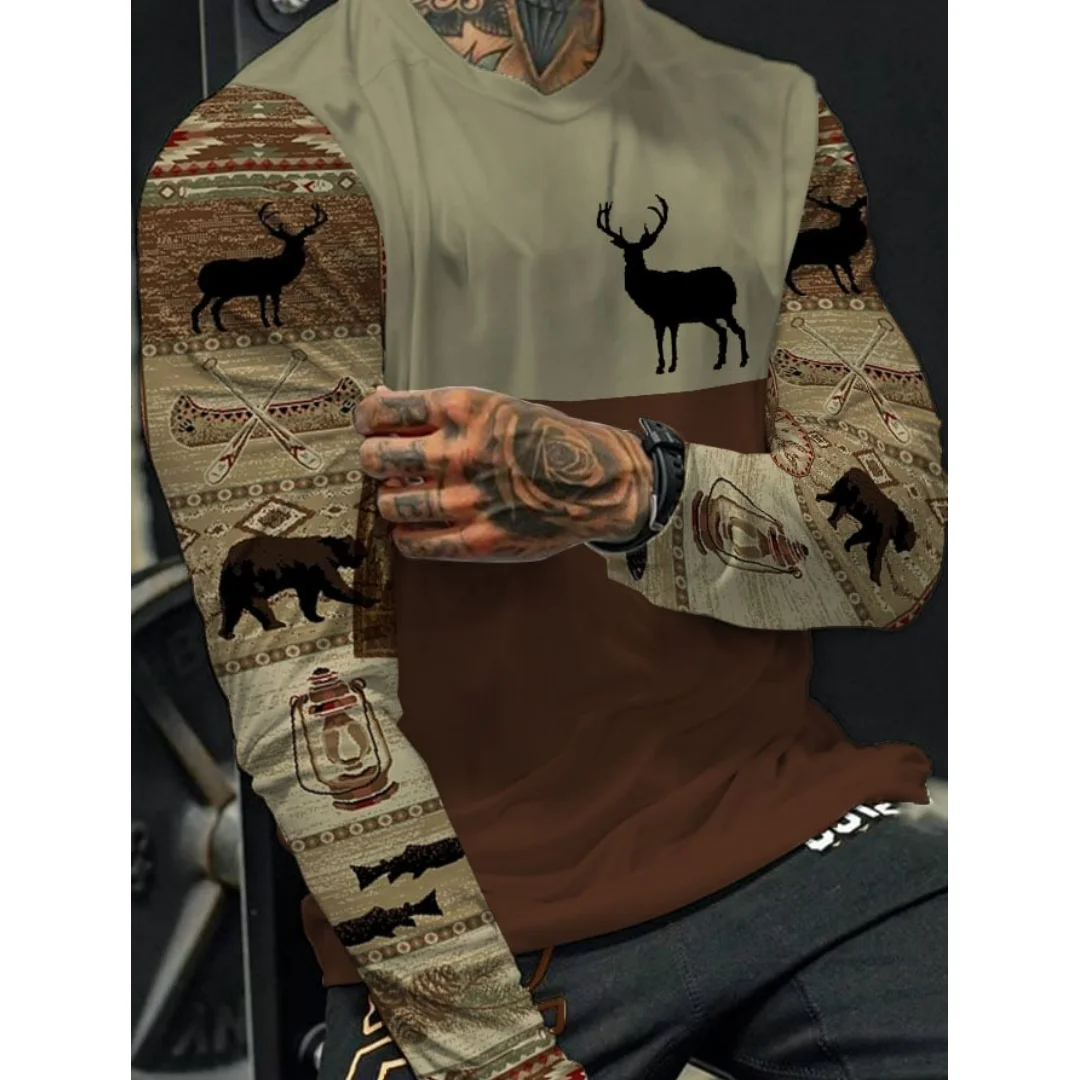 

Vintage Elk T Shirt For Men Long Sleeve Top Oversized O-Neck Pullover Outdoor Sweatshirt Streetwear Men Shirt Tee Hunting Clothe
