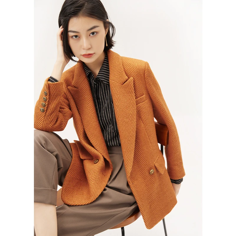 

New Wool Blend Women Blazer Solid Office Lady Autumn/Winter Casacos De Inverno Feminino Double Breasted Notched Collar