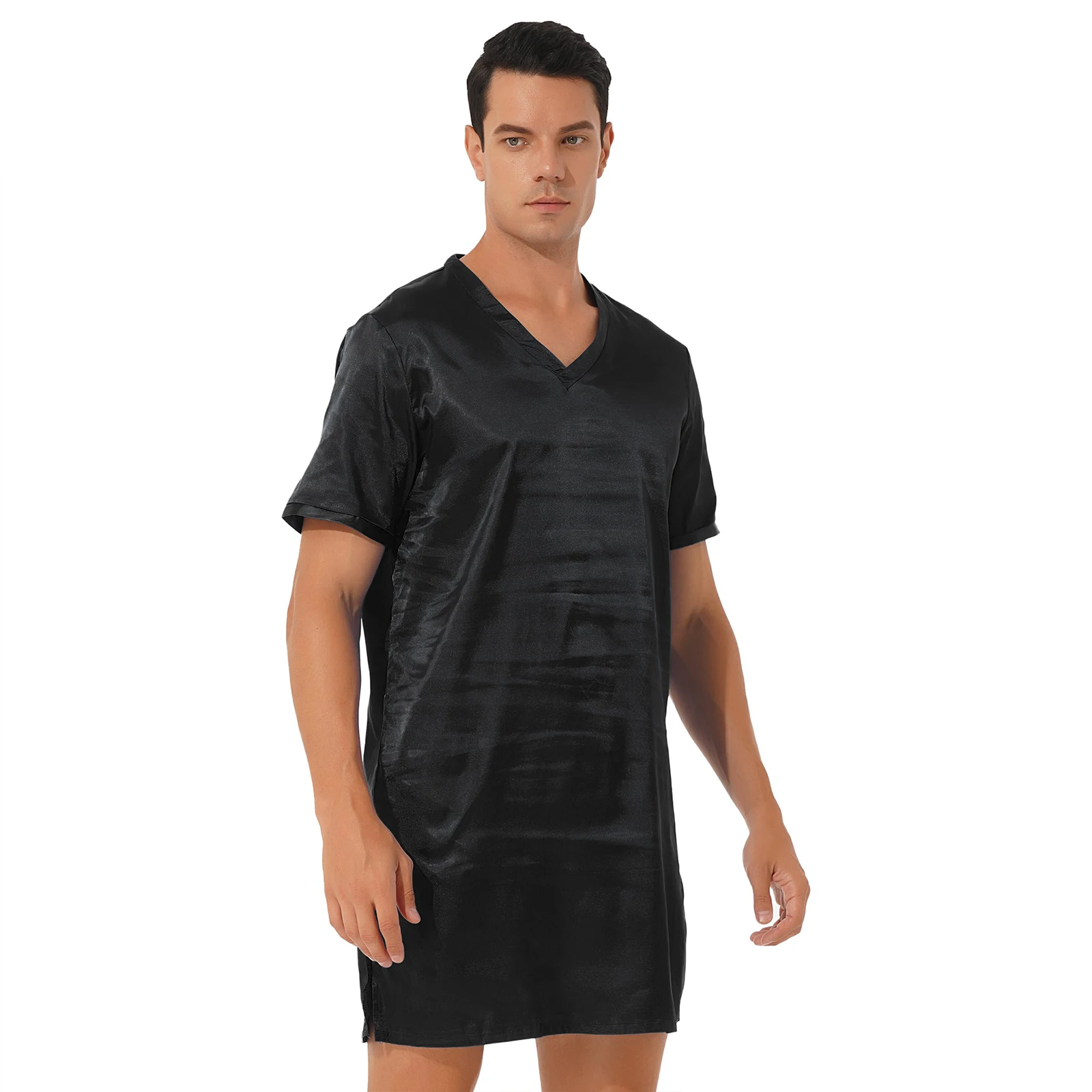 2023 New Men Women Satin Nightgown Sleep Robes V Neck Short Sleeve Sides Split Sleepwear Nightclothes Homewear Summer Nightwear