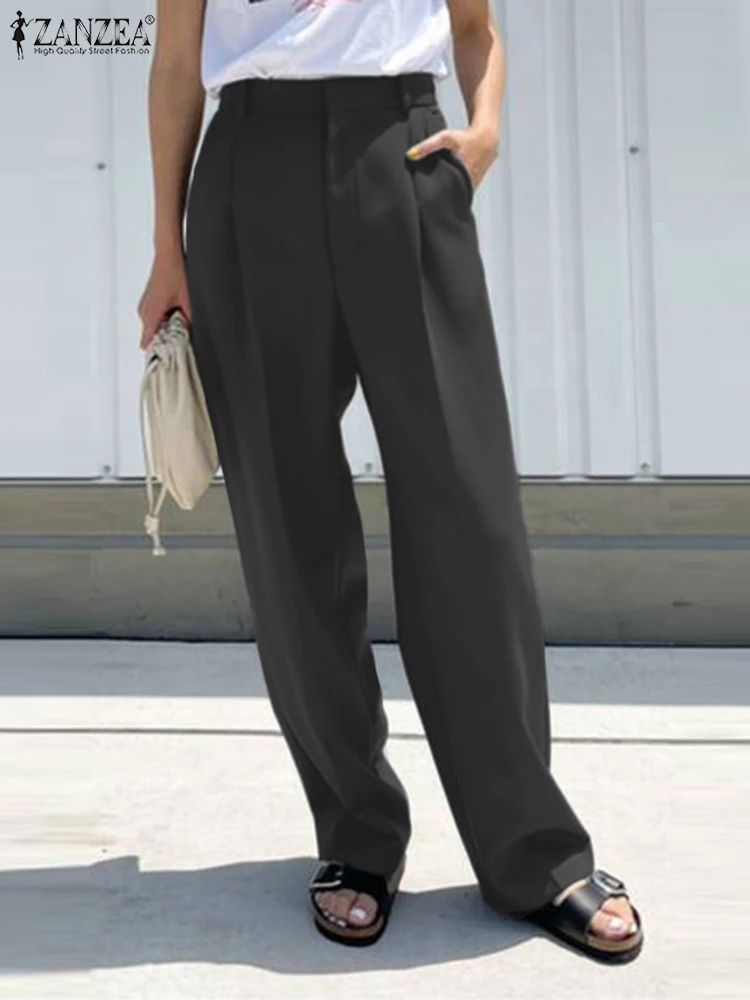 

2022 Stylish Office Pantalon Palazzo Women Casual Solid Pant ZANZEA Vintage Back Elastic Waist Trouser Oversized Pleated Overall
