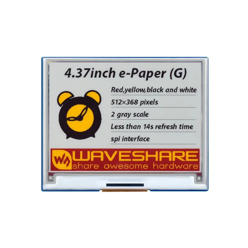 

Waveshare 4,37 дюймовый E-Paper E-ink модуль монитора для Raspberry Pi 4 / 3 / Zero, 512 × 368 пикселей красный/желтый/черный/белый