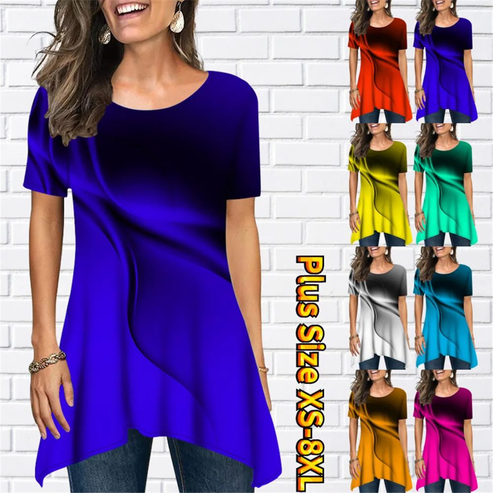 

2023 New Summer Basic Pullover Casual Tee Shirt Abstract Printing Short Sleeve Women Vintage T-shirt Round Collar Elegant Tops