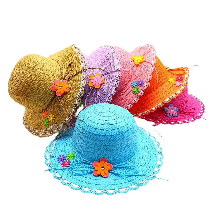Girls Summer Cap Beige Flower Wreath Straw Cap Wide Wavy Brim Summer Beach UV Protect Sunscreen Hats Beach Hats 3-8 Years