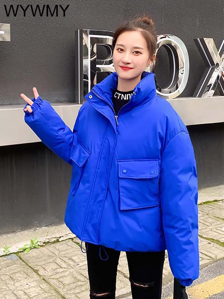 Korean Chic Winter Jacket Women Parkas Double Pocket Stand Collar Warm Thicken Zipper Drawstring Short Jacket Winter Women Coat