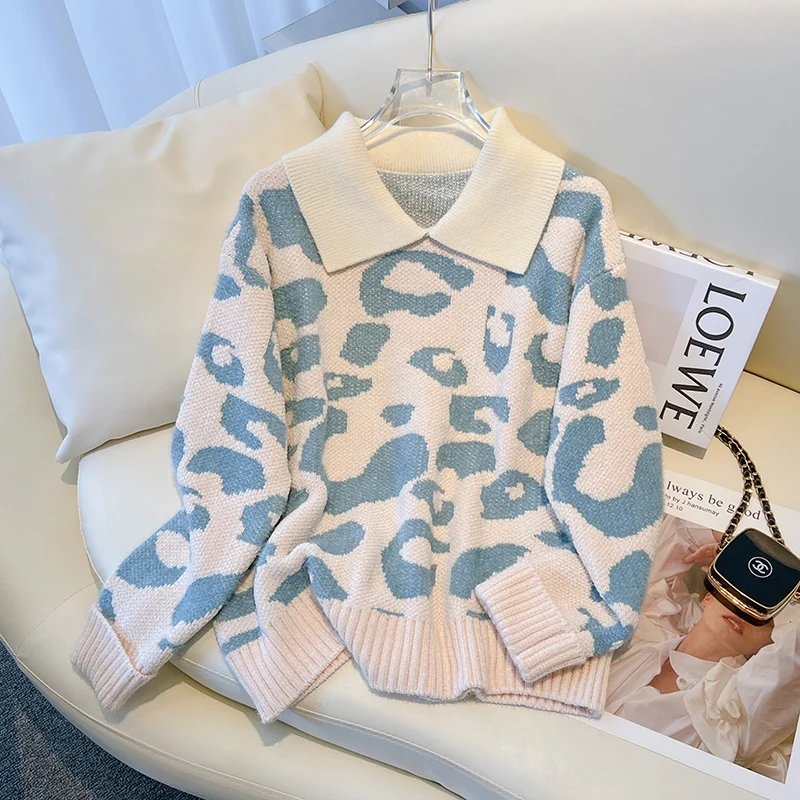 

Женский свободный пуловер, трикотажный свитер с леопардовым принтом из синели в стиле ретро, Осень-зима 2022