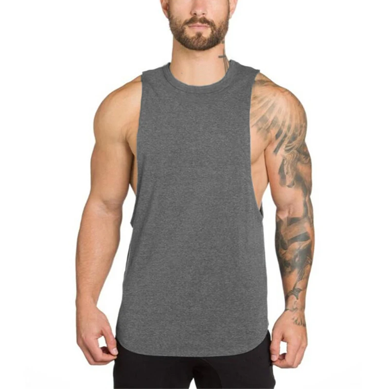 Plain Cotton Mens Muslce Vest Gym Tank Tops Men Bodybuilding Singlets Fitness Sporting O-Neck Open Side Sleeveless Shirt