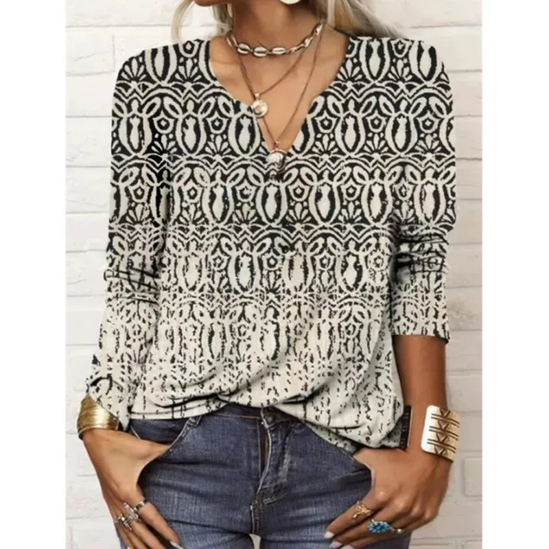 Повседневные свободные винтажные топы с v-образным вырезом и принтом женская