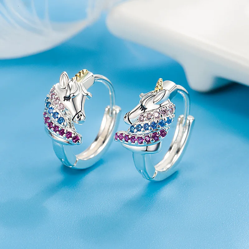 Cute Unicorn Earrings for Kids Girl Colorful Zircon Ear Buckle Korean Fashion Silver Color Trendy Jewelry Gift
